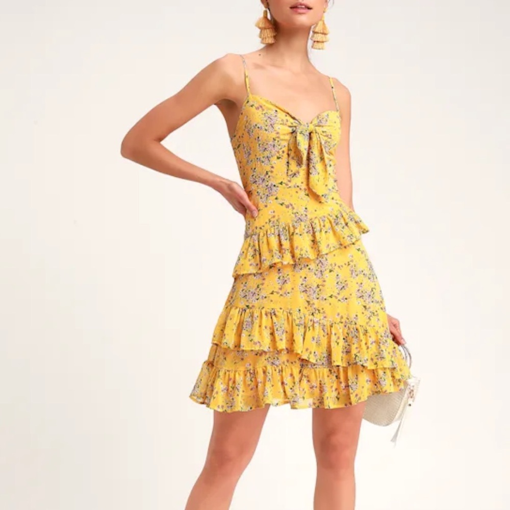 Lulus Main Squeeze Chiffon Ruffle Yellow Floral Mini Party Sundress Medium